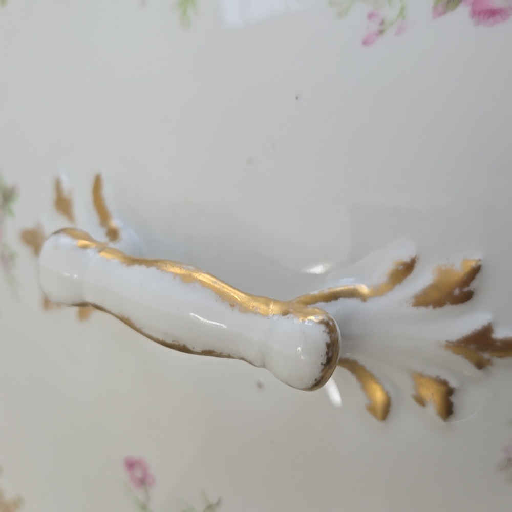 Vintage PL Limoges France M Redon Round Dish Lid Handles Pink Roses - Picture 6 of 17